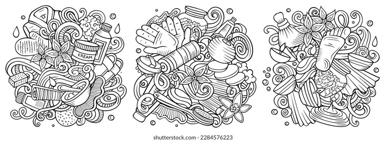 Massage cartoon vector doodle designs set. Line art detailed compositions with lot of spa salon objects and symbols.