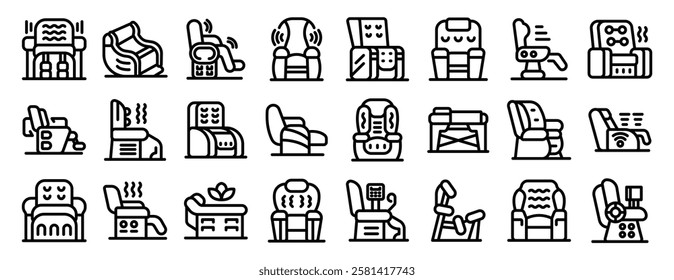  Massage chair icons set. Massage chairs offering various features and functionalities for ultimate relaxation and comfort