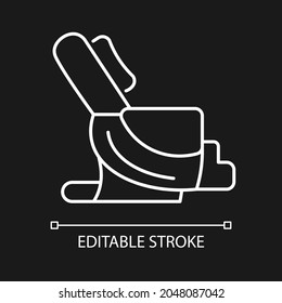 Massage chair white linear icon for dark theme. Massaging equipment. Spa salon, center. Body care. Thin line customizable illustration. Isolated vector contour symbol for night mode. Editable stroke