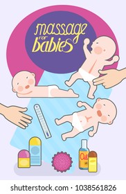 Massage for the child. A set of pictures in style flat. Babies types forward, behind and sideways. The image is isolated. Vector.