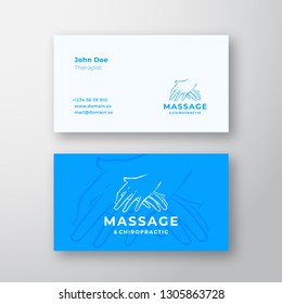 Massage and Chiropractic Abstract Vector Logo and Business Card Template. Massaging Hands Premium Stationary Realistic Mock Up. Isolated.