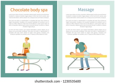 Massage and chocolate body spa procedures by professional masseur. Client lying on table and relaxing vector with text. Beauty salon services for people