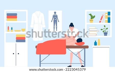 Massage concept. Back treatment and muscles relax. Doctor and patient on couch, spa wellness salon. Medical rehabilitation therapy recent vector scene