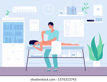 Massage concept. Occupational sport physiotherapist or chiropractor. Patient on rehabilitation, manual treatment vector illustration