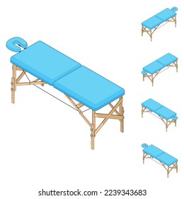 Massage couch. 3D isometric, isolated. Set for spa treatments. Massage devices for relaxation and rehabilitation. Vector illustration in cartoon and game style.
