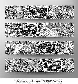 Massage doodle banners set. Cartoon detailed flyers. Spa center identity with objects and symbols. Sketchy vector design elements illustration