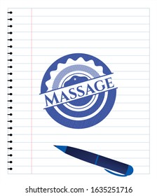 Massage emblem with pen effect. Blue ink. Vector Illustration. Detailed.