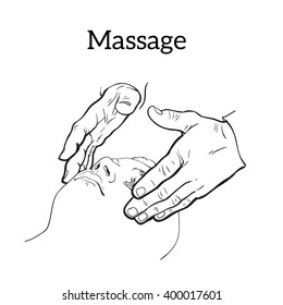 Massage of face, hands, relaxation therapy, skin tightening, black and white sketch style, vector illustration