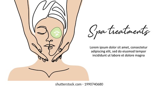 Massage face   head  Spa treatments simple vector banner  poster  background and masseur hands  One continuous line art spa treatments 
