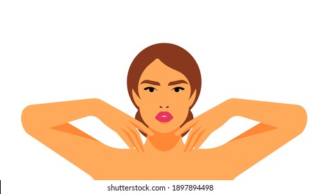 Massage of face and neck - a young female doing neck massage. The concept of self-care, attention to your body, massage lines. Vector illustration for your design.