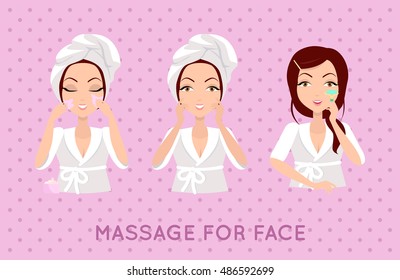 Massage for face set. Set of beautiful, elegant woman head massaging her face. SPA, health and beauty set. Set of face skin care with home remedies. Skin care. Girl in white bathrobe and towel on head