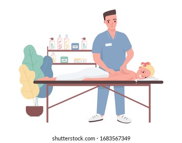 Massage flat color vector characters. Spa treatment for young caucasian woman. Male professional masseur. Female client relax on bed. Beauty salon procedure isolated cartoon illustration