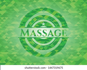 Massage green emblem with mosaic background. Vector Illustration. Detailed.