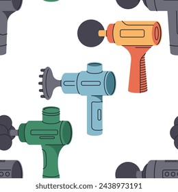 Massage gun vector cartoon seamless pattern background for wallpaper, wrapping, packing, and backdrop.