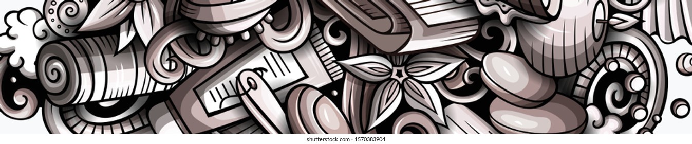 Massage hand drawn doodle banner. Cartoon detailed illustrations. Spa salon identity with objects and symbols. Monochrome vector design elements background