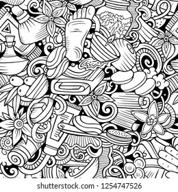 Massage hand drawn doodles seamless pattern. Spa therapy background. Cartoon relax fabric print design. Line art vector illustration. All objects are separate.