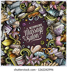 Massage hand drawn vector doodles illustration. Spa salone frame card design. Beauty elements and objects cartoon background. Bright colors funny border. All items are separated
