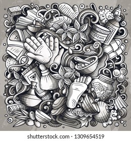 Massage hand drawn vector doodles illustration. Spa salone frame card design. Beauty elements and objects cartoon background. Toned funny border. All items are separated