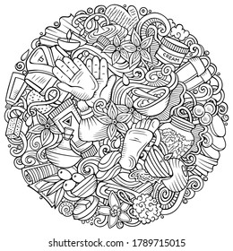 Massage hand drawn vector doodles round illustration. Spa salon poster design. Beauty elements and objects cartoon background. Sketchy funny picture. All items are separated