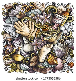 Ilustración de doodles vectoriales dibujados a mano de masaje. diseño de afiches en el salón de belleza. Elementos de belleza y objetos de dibujos animados fondo. Colores brillantes, imagen graciosa. Todos los elementos están separados