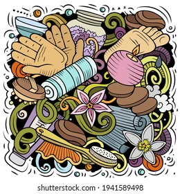 Ilustración de doodles vectoriales dibujados a mano de masaje. diseño de afiches en el salón de belleza. Elementos de belleza y objetos de dibujos animados fondo. Colores brillantes, imagen graciosa. Todos los elementos están separados
