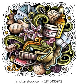 Massage hand drawn vector doodles illustration. Spa salon poster design. Beauty elements and objects cartoon background. Bright colors funny picture. All items are separated