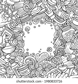 Massage hand drawn vector doodles illustration. Spa salone frame card design. Beauty elements and objects cartoon background. Sketchy funny border. All items are separated