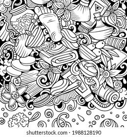 Massage hand drawn vector doodles illustration. Spa salone frame card design. Beauty elements and objects cartoon background. Sketchy funny border. All items are separated