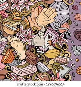 Massage hand drawn vector doodles illustration. Spa salone frame card design. Beauty elements and objects cartoon background. Bright colors funny border. All items are separated