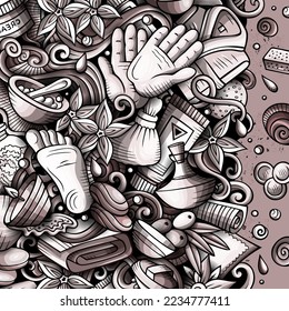 Massage hand drawn vector doodles illustration. Spa salone frame card design. Beauty elements and objects cartoon background. Toned funny border. All items are separated