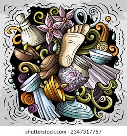 Massage hand drawn vector doodles illustration. Spa salon poster design. Beauty elements and objects cartoon background. Bright colors funny picture. All items are separated