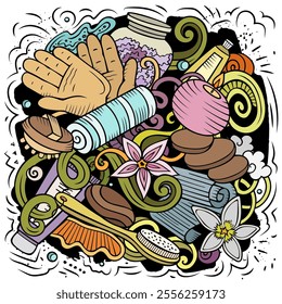 Massage hand drawn vector doodles illustration. Spa salon poster design. Beauty elements and objects cartoon background. Bright colors funny picture. All items are separated