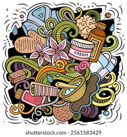 Massage hand drawn vector doodles illustration. Spa salon poster design. Beauty elements and objects cartoon background. Bright colors funny picture. All items are separated