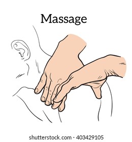 Massage hands vector illustration of hands which crease body massage, relaxing terrapiya icons isolated on white background, color sketch drawn picture