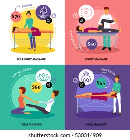 Massage and health concept icons set with full body and sport massage symbols flat isolated vector illustration 