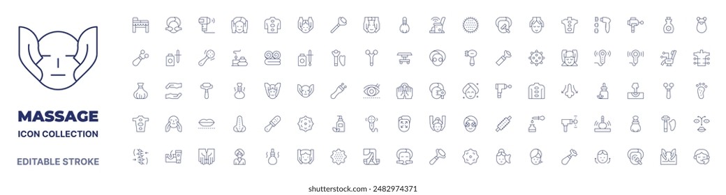 Icono de masaje colección. Icono de línea fina. Trazo editable. Trazo editable. Iconos de masaje para Web y App móvil.