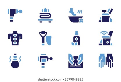 Massage icon set. Bold style. Duotone colors. massage, oil, massagechair, guashamassager, hotstones, towel, herbalmassage, massager, footspa.