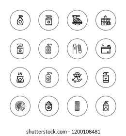 Massage icon set. collection of 16 outline massage icons with antiseptic, beach towel, buddhism, lotion, jacuzzi, incense, pedicure, padthai icons.