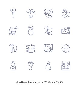 Massage icon set. Thin line icon. Editable stroke. Containing acupuncture, chair, face, facialmassage, guashamassager, massage, massager.