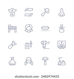 Massage icon set. Thin line icon. Editable stroke. Containing essentialoil, faceroller, facialtreatment, hands, lips, massage, massager, spa.