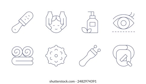Massage icons. Editable stroke. Containing bathtowel, eye, facemassage, lotion, massage, massageball, massageroller.