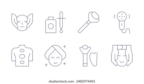 Massage icons. Editable stroke. Containing essentialoil, faceroller, facialmassage, facialtreatment, facial, hotstones, massage.