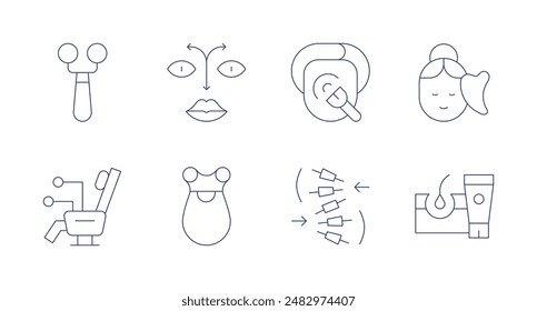 Iconos de masaje. Trazo editable. Conteniendo silla, cara, masaje facial, guasha, masaje, masajeador, radiofrecuencia, tratamiento de la piel.
