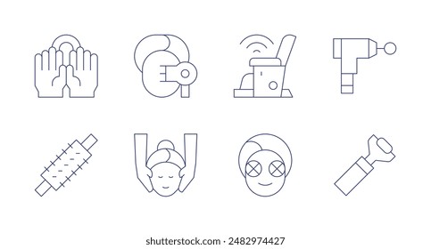 Iconos de masaje. Trazo editable. Con tratamiento facial, mascarilla, masaje, masajesilla, masajeador, woodtherapy.