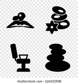 Massage icons set. set of 4 massage filled icons such as barber chair, spa stones