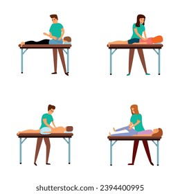 Massage icons set cartoon vector. Masseur therapist doing healing treatment. Manual physical therapy