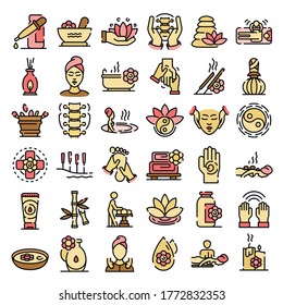 Massage icons set. Outline set of massage vector icons thin line color flat on white