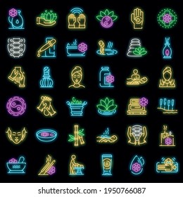 Massage icons set. Outline set of massage vector icons neon color on black