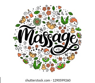 Massage. Lettering and illustrations of massage icons. Poster or t-shirt design. 