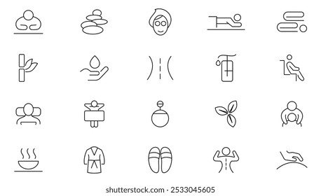 Massage line icon set. Relaxation, spa, sleep, yoga, health, lifestyle, spiritual practice, skin care, massage, hyaluronic acid, serum, pore tightening, and cosmetology icon set. UI thin line icon